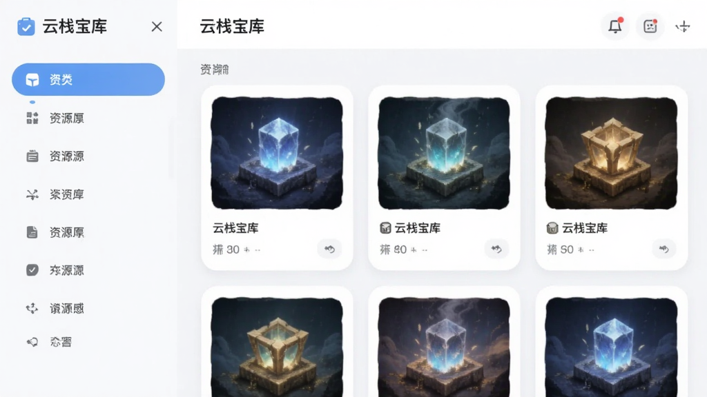 画面展示“云栈宝库”软件内部资源列表页面,左侧为分类标签栏,右侧为卡片式资源条目,界面采用浅色背景与圆角卡片设计,风格清爽简约,画质清晰,干净无杂乱元素