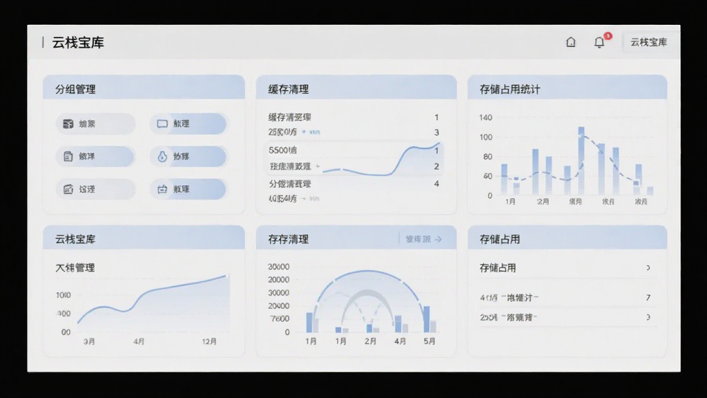 画面呈现“云栈宝库”设置与管理界面,屏幕中显示分组管理、缓存清理、存储占用统计等模块,配色以浅灰与淡蓝为主,风格素雅,画质干净,布局整齐