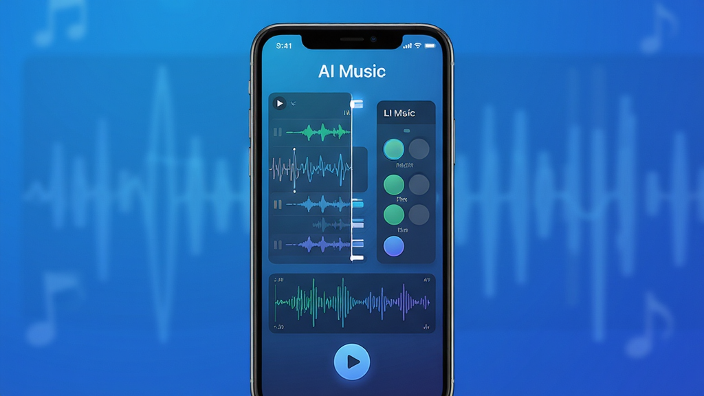 AI Music 应用主界面展示 手机屏幕居中 蓝色渐变背景 界面包含旋律轨道与音色选择面板 顶部显示软件名称