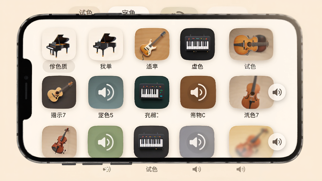 AI Music 虚拟乐器音色库界面 手机屏幕 网格状排列多种乐器图标 包含钢琴吉他合成器弦乐 每格下方标注音色名称 背景柔和米色 风格清新简洁 细节包含分类标签与试听按钮 画质清晰 干净 无多余元素