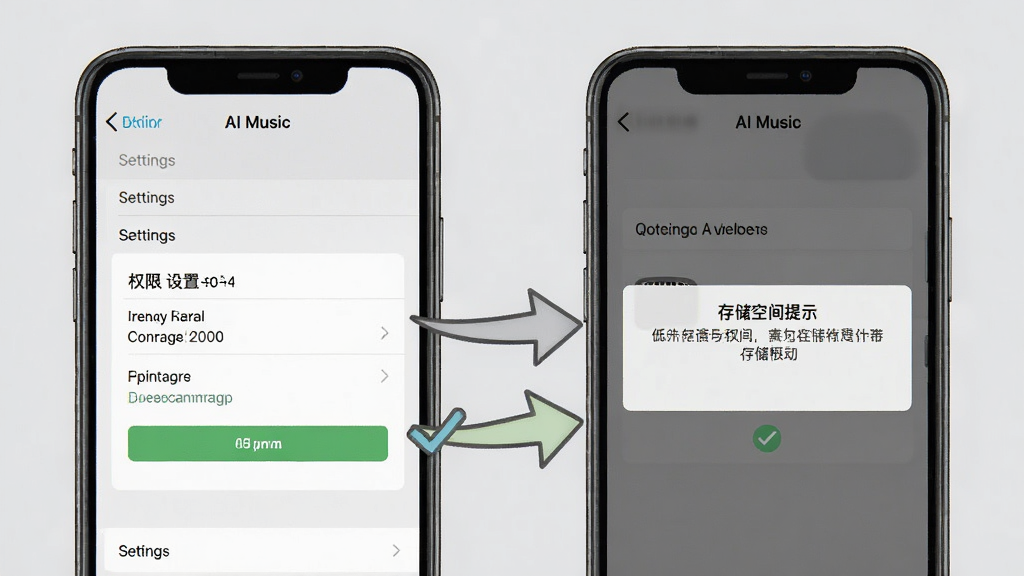AI Music 新手操作示意图 手机屏幕展示权限设置页面与存储空间提示 画面包含勾选存储权限的步骤箭头 背景浅灰 风格说明性图示 细节包含设置菜单与提示文字 画质清晰 干净 无多余元素