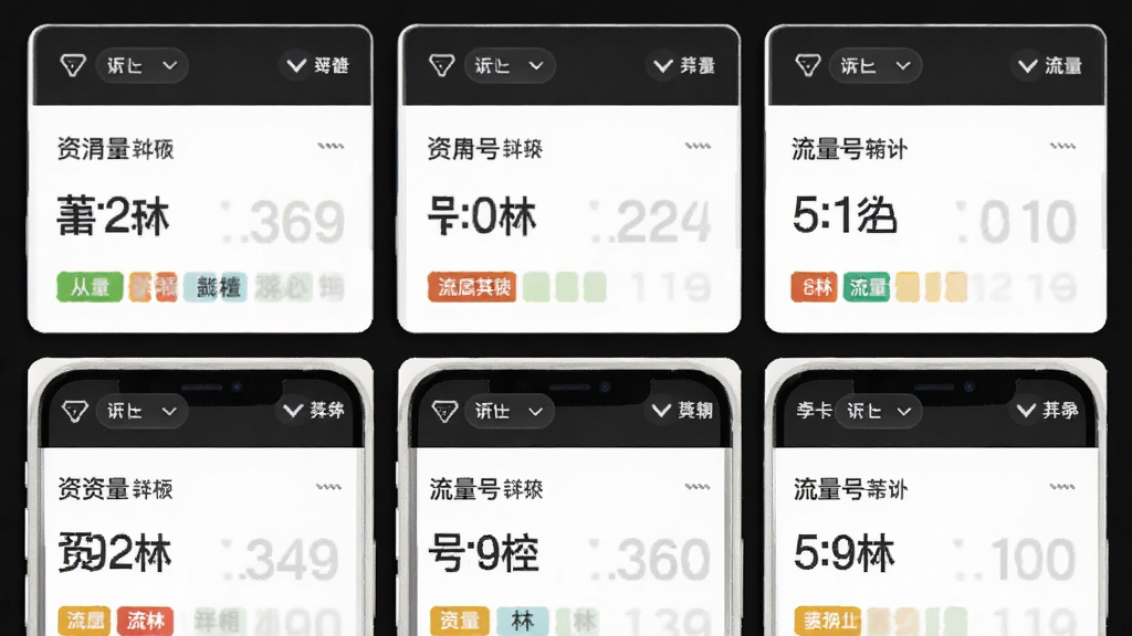 界面中并列排列多张号卡信息卡片,每张卡片标注资费与流量数字,主体为手机屏幕特写,布局为上下结构列表,风格简约扁平,细节包含筛选按钮与标签色块,画质清晰干净