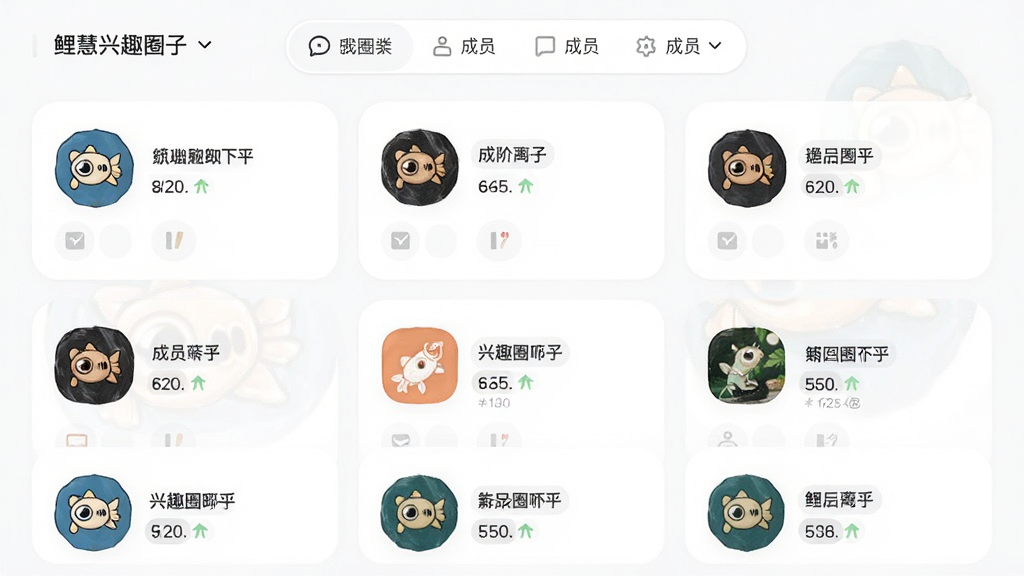 鲤慧兴趣圈子页面展示,主体为多个兴趣圈子入口卡片网格排列,布局为顶部圈子分类筛选栏,排版整齐有序,风格为柔和圆角卡片设计,细节包含圈子图标与成员数量标识,画质高清,画面干净,无多余元素