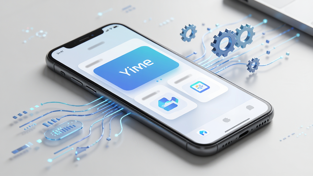 一部手机平放在桌面上,屏幕显示“Yime”应用的功能卡片界面,周围有抽象的数据流线条与齿轮图标点缀,象征功能稳定运行与后台资源合理调度,画面风格清爽商务,光线柔和,细节精致,画质高清,无杂乱背景元素