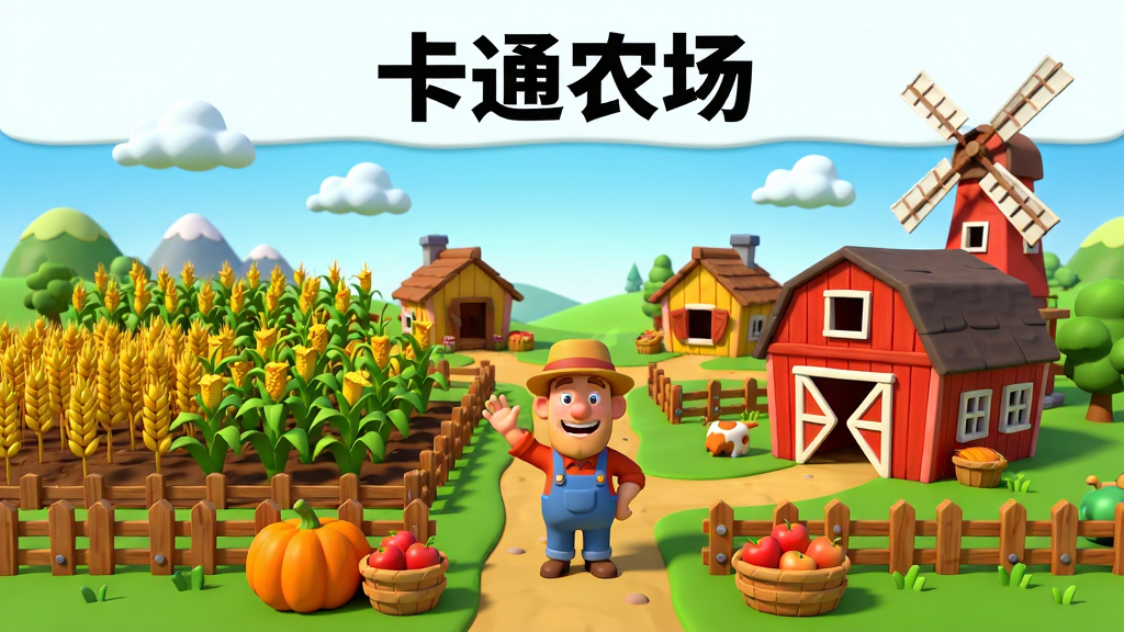 主体为一座色彩明快的卡通农场全景,左侧是整齐的麦田与玉米地,右侧是红色谷仓与风车,中间有 smiling 的农场主角色挥手,前景摆放南瓜与苹果筐;布局采用中心对称构图,农场建筑围绕中央小路展开;排版为横向宽幅画面,上方留白用于放置标题文字“卡通农场”;风格为Supercell式3D卡通渲染,色彩饱和度高,光影柔和;细节包含木栅栏纹理、动物小屋、飘动的云朵与远处小山;画质高清,画面干净,无多余元素,无杂乱文字