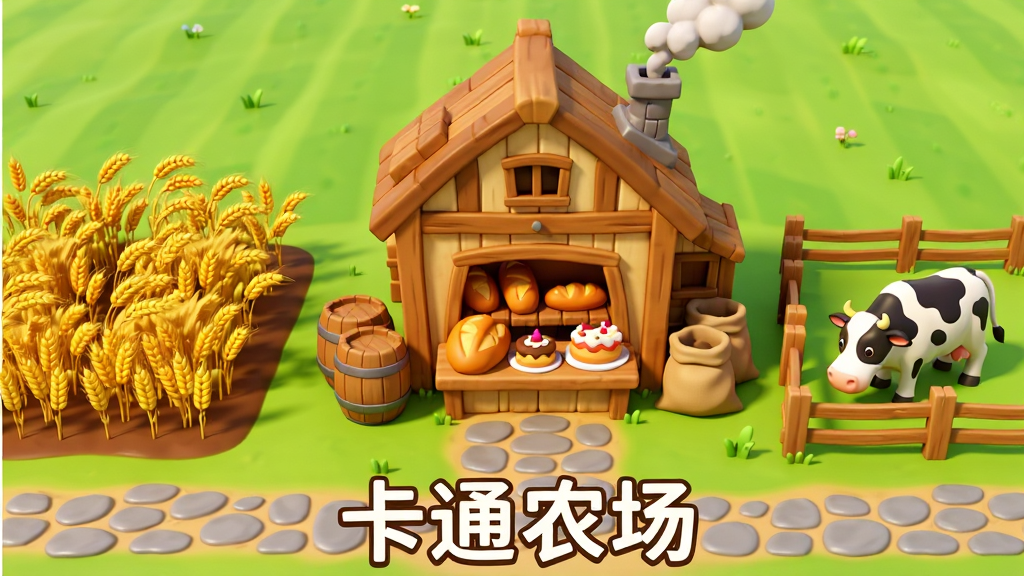 主体为卡通农场中的生产加工场景,画面中央是木质面包房建筑,门口摆放刚出炉的面包与蛋糕,左侧农田里成熟的小麦随风摆动,右侧奶牛在围栏内吃草;布局为三分法构图,建筑居中,农田与牧场分列两侧;排版为方形画面,底部留出空间放置软件名称“卡通农场”;风格为明亮卡通3D风格,暖色调为主;细节包含烟囱冒出的轻烟、木桶、麻袋与石板路;画质清晰,画面干净,无多余元素