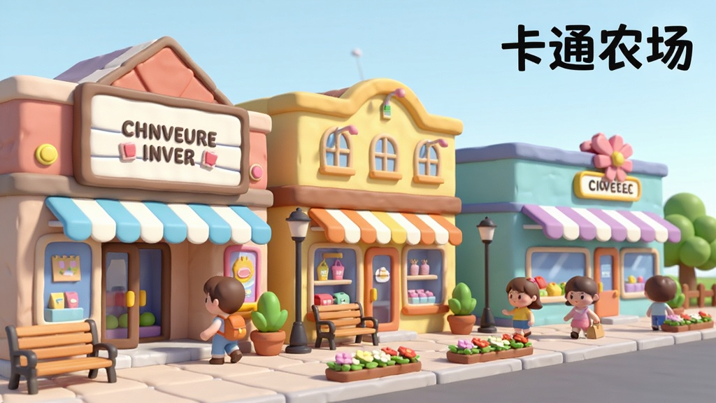主体为卡通农场小镇街景,画面中有电影院、咖啡馆与礼品店三栋彩色建筑沿街排列,街道上有卡通游客行走,路边设有长椅与花坛;布局为透视街景构图,建筑由近及远排列;排版为横向画面,右上角留白放置“卡通农场”文字;风格为清新卡通渲染,色彩柔和;细节包含遮阳篷条纹、橱窗商品、路灯与盆栽;画质高清,画面干净,无多余元素