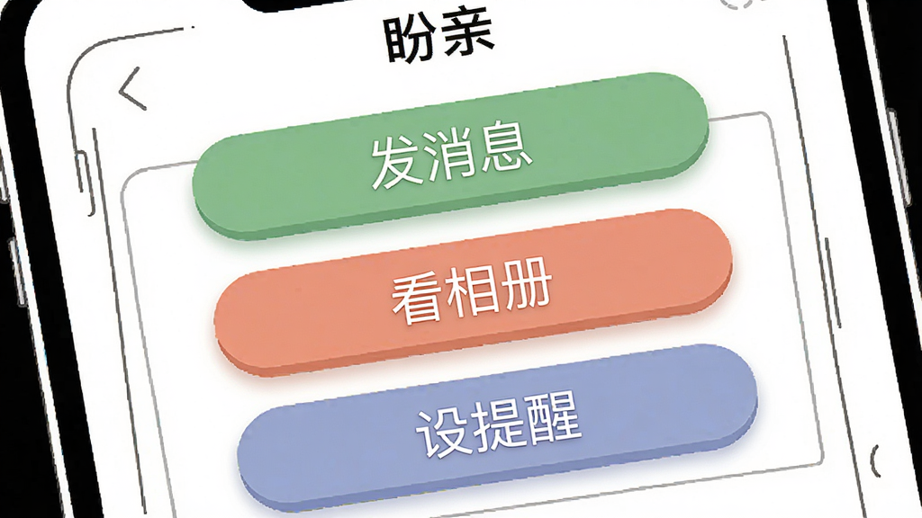 画面为手机屏幕特写,屏幕上展示“盼亲”软件的大字体大按钮界面,界面中有“发消息”“看相册”“设提醒”三个醒目按钮,布局为屏幕居中,周围以简洁线条勾勒手机轮廓,风格为极简扁平插画,细节上按钮带有柔和阴影和圆角,画质清晰干净,背景为纯白色
