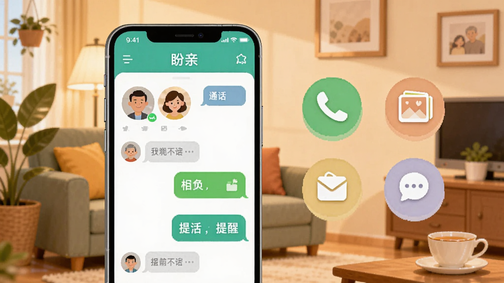 画面中心是一部智能手机,屏幕上显示“盼亲”软件主界面,界面中有家人头像与聊天对话框,背景为温馨的家庭客厅场景,暖色调灯光,排版上手机居中偏左,右侧以柔和的圆形图标环绕展示通话、相册、提醒等功能模块,风格为扁平化插画,细节上加入绿植、相框、茶杯等居家元素,画质清晰干净,无多余元素