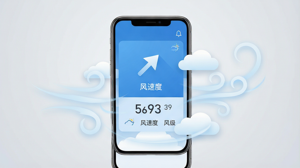一张手机屏幕展示天气查询应用界面的场景图,画面中央是一部竖屏智能手机,屏幕上显示蓝色调的天气数据面板,包含风向箭头、风速数值和风级标识,手机周围环绕柔和的气流线条与云朵元素,背景为浅灰渐变,整体风格清爽简约,排版居中,细节干净,画质清晰,无多余装饰元素