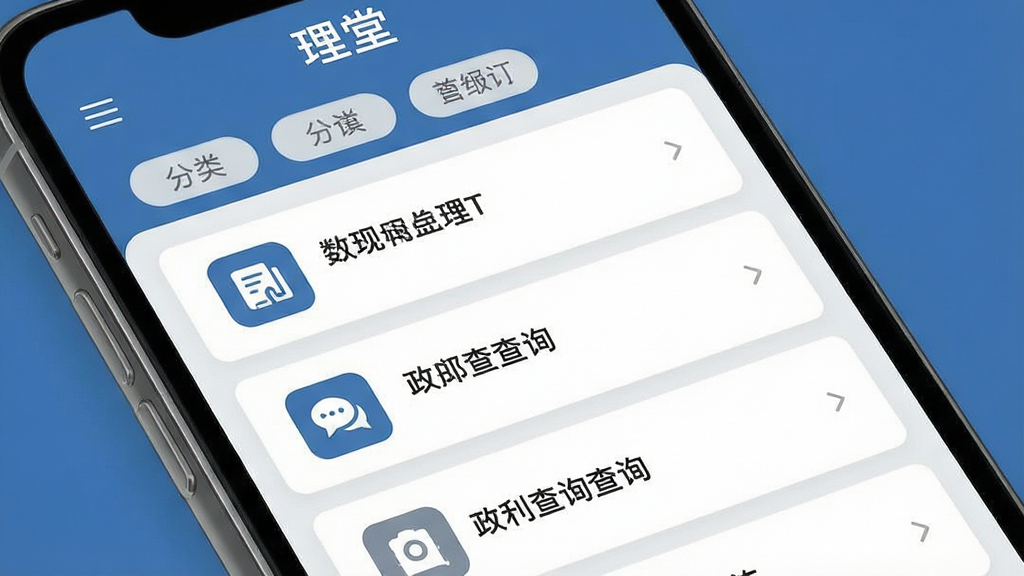 一张信息聚合界面的示意图,画面为手机屏幕特写,屏幕内显示“理堂”应用的政策查询列表页,条目以卡片形式纵向排列,每张卡片带有主题图标与简短标题,顶部有分类筛选标签,整体排版疏朗,蓝灰配色,风格清爽商务,细节清晰,画质干净,无多余元素