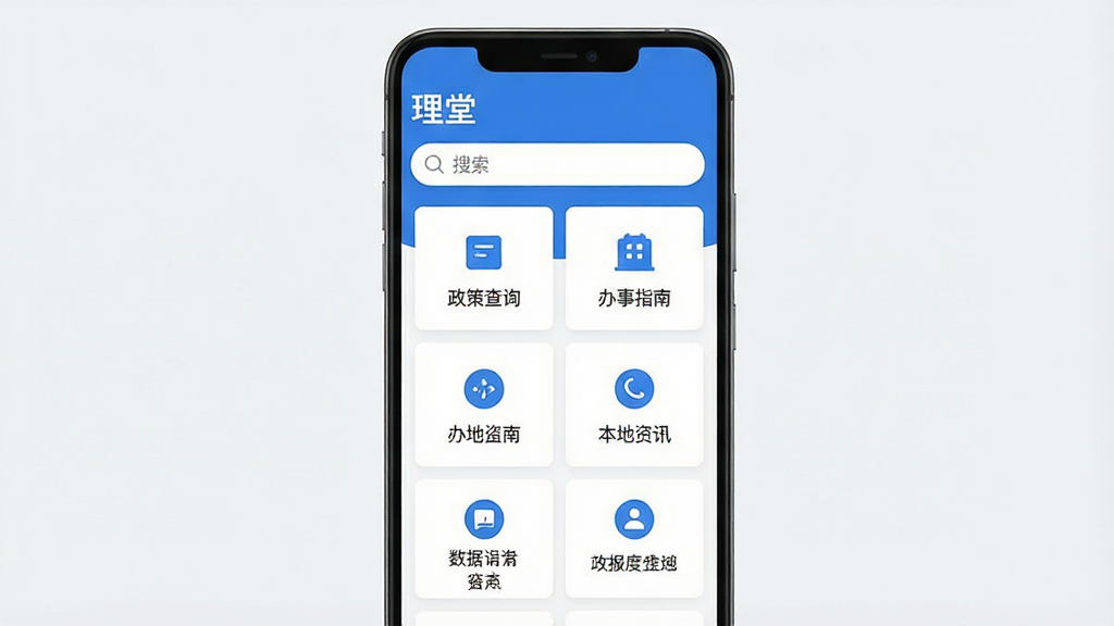 一张干净简洁的手机应用主界面展示图,画面中央是一部竖屏安卓手机,屏幕内呈现“理堂”应用首页,顶部为“理堂”文字标识与搜索框,中部为功能入口卡片网格,包含政策查询、办事指南、本地资讯等图标,配色以蓝白为主,整体布局规整,风格现代政务简约风,细节清晰,画质干净,无多余元素