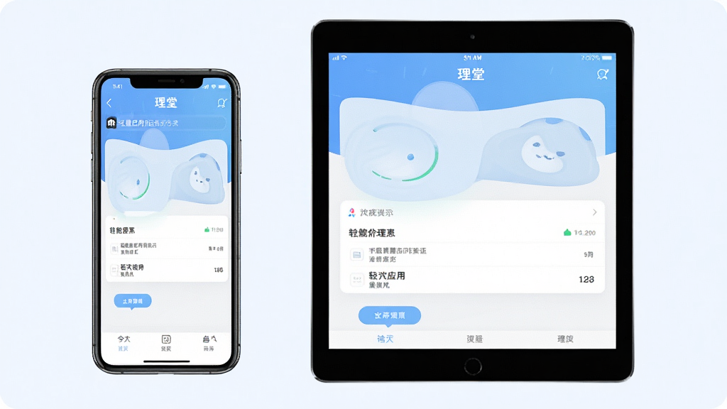 一张轻量应用运行示意图,画面为手机与平板并排展示“理堂”应用界面,两款设备屏幕内均显示同一应用页面,背景为浅色纯色,构图简洁,风格干净数码风,细节清晰,画质干净,无多余元素