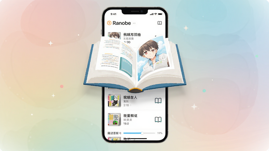 软件Ranobe主界面展示,主体为一本翻开的轻小说书籍悬浮于手机屏幕上方,布局采用居中构图,手机界面显示书架列表与阅读进度条,排版整洁有序,风格为现代扁平化插画,细节包含柔和渐变背景、悬浮的书页与阅读图标,画质高清,画面干净,无多余元素