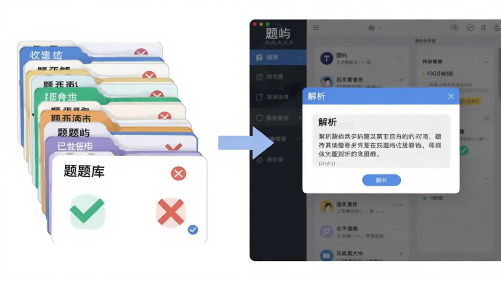 画面左侧是一摞分类整齐的题库卡片,右侧是“题屿”软件界面弹出解析窗口,中间用箭头连接,布局左右对称,风格为现代扁平插画,细节包括卡片上的对勾与叉号标记、解析文字框,画质清晰干净,无多余元素