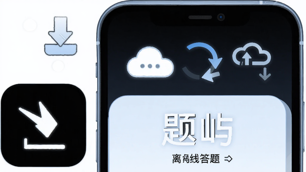 画面中一部手机处于飞行模式图标旁,屏幕显示“题屿”离线答题界面,上方有云朵与同步箭头图标,布局上下结构,风格为清爽科技插画,细节包括手机旁的下载箭头和云同步符号,画质干净清晰,无多余元素