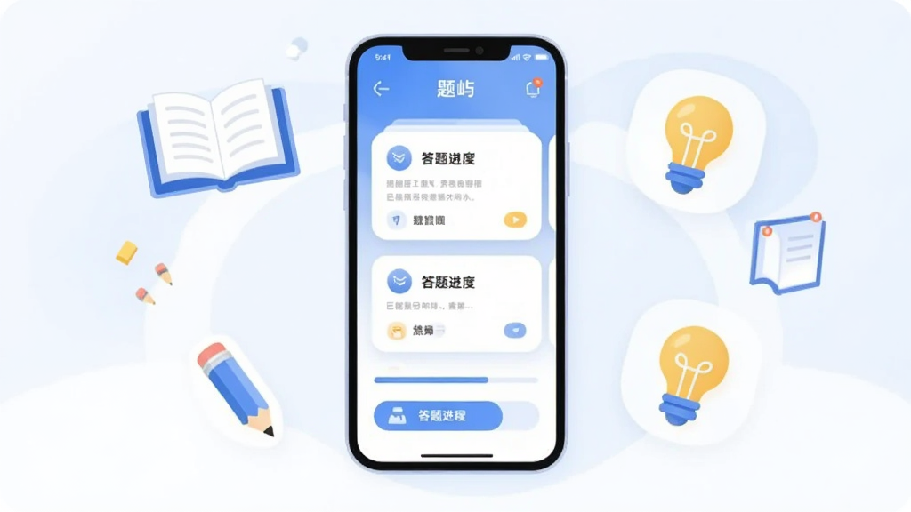 画面中央展示一部智能手机,屏幕上显示“题屿”应用的主界面,界面中有题目卡片和答题进度条,手机周围环绕着书本、铅笔和灯泡图标,布局简洁居中,风格为扁平化插画,细节包括柔和的蓝白配色和圆角卡片,画质清晰干净,无多余元素