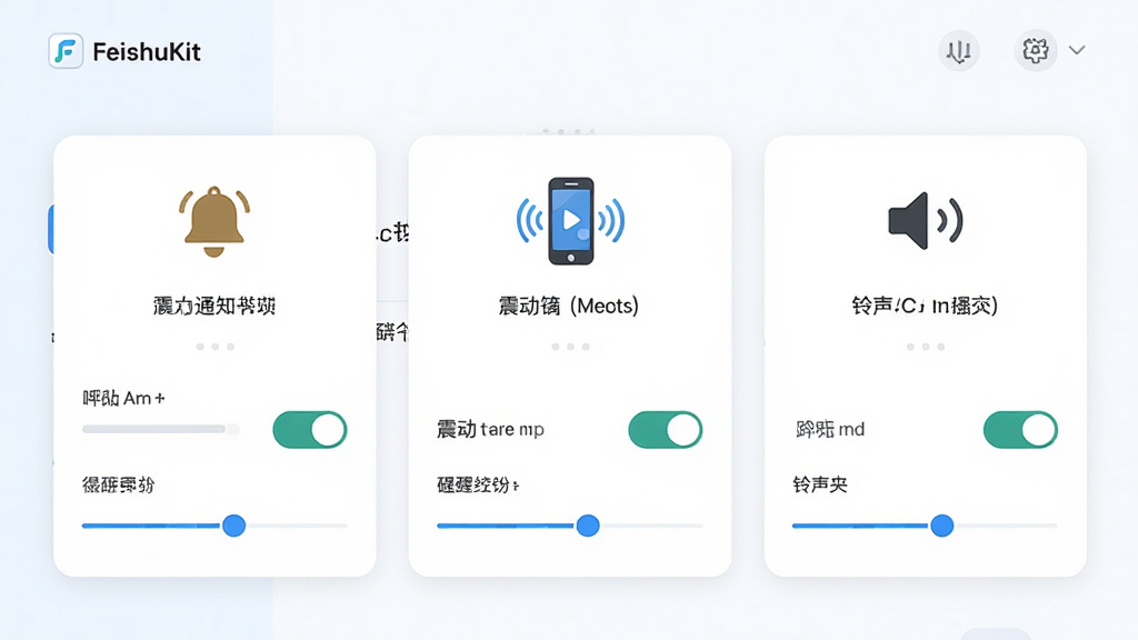 画面主体是“FeishuKit”软件的通知设置界面示意图,展示悬浮窗、震动、铃声三个提醒模块的开关与强度滑块;布局为三栏并排的卡片式排版,每张卡片配对应图标;风格为清爽的浅色系UI设计图;细节包括铃铛、手机震动波纹、音量条等图形元素;画质高清,干净整洁,无多余装饰