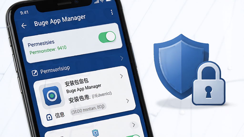 一张展示“Buge App Manager”权限查看界面的图片,画面为手机屏幕特写,屏幕内列出权限开关与安装包信息卡片,屏幕旁边放置盾牌与锁形图标,布局为左右结构,风格为安全工具类视觉风,细节包括深蓝色调与白色文字卡片,画质清晰,干净,无多余元素
