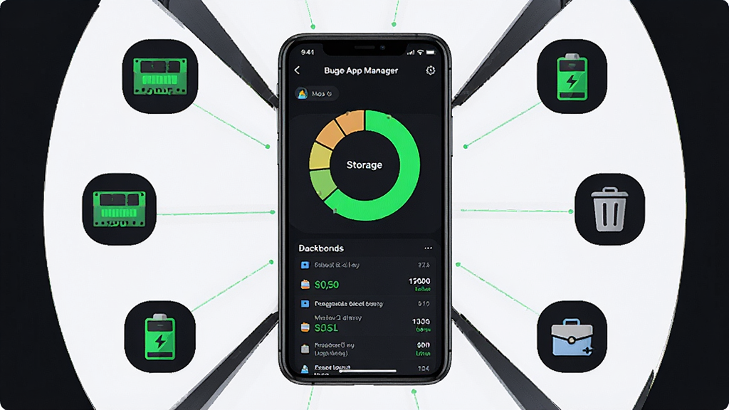 一张表现“Buge App Manager”存储分析功能的示意图,画面中央为手机屏幕显示存储占用环形图与后台进程列表,四周分布着内存条、电池、垃圾桶等小图标,布局为居中放射状,风格为现代数据可视化风,细节包括深色背景与荧光绿数据高亮,画质清晰,干净,无多余元素