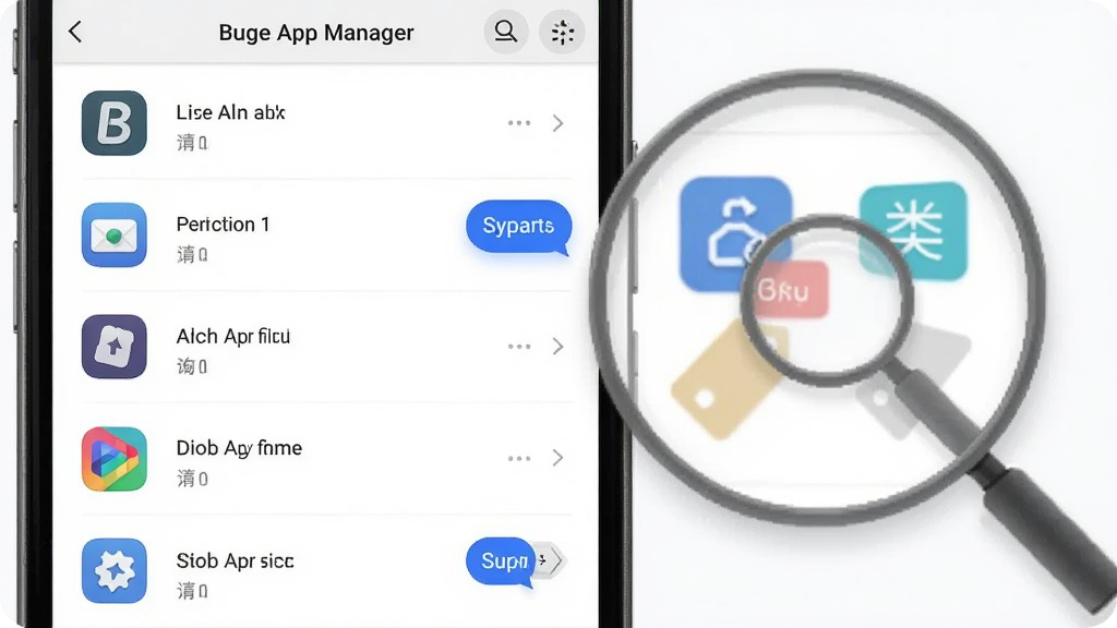 一张以“Buge App Manager”应用列表界面为主体的展示图,画面为横向布局,左侧是手机屏幕特写显示应用列表与排序按钮,右侧悬浮放大镜与分类标签图标,风格为清爽浅色系UI展示风,细节包括白色背景、浅灰色分割线与蓝色高亮选中项,画质清晰,干净,无多余元素