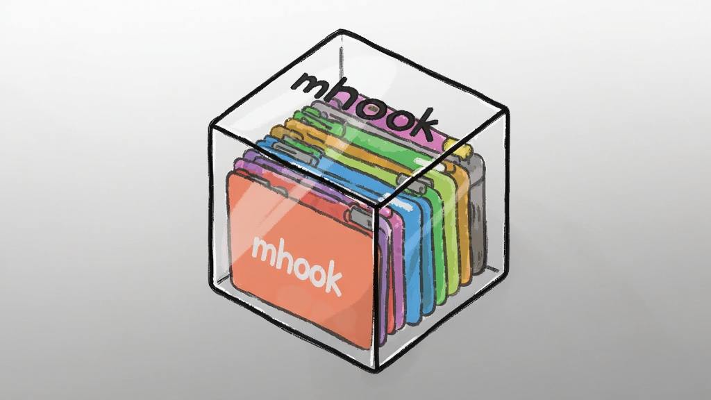 插画表现 mhook 管理器将多个彩色模块卡片收纳进一个透明方盒中,方盒上方标注 mhook 字样,背景为浅灰渐变,风格简洁明快,布局居中,细节清晰,画质干净