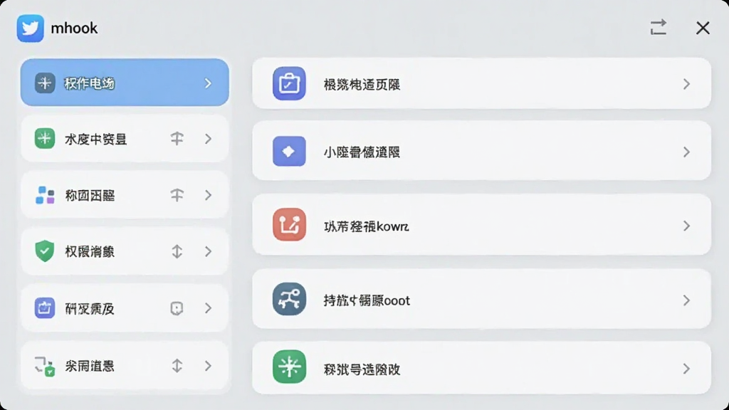 画面为 mhook 应用内的权限展示面板,左侧模块名称列表,右侧用图标与文字标注权限条目,整体采用浅色卡片式布局,风格清爽,细节清晰,画质干净,无多余装饰