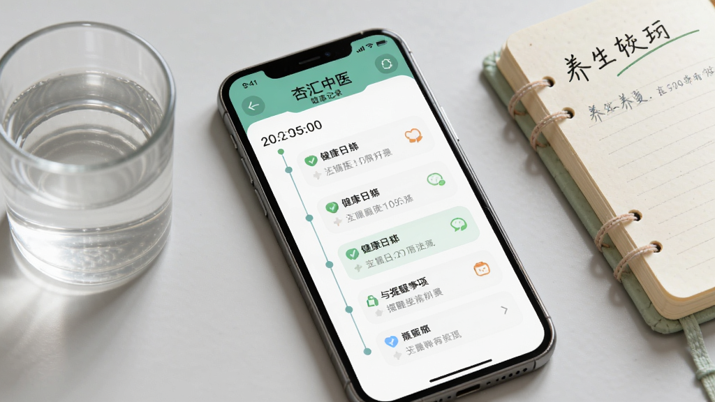 画面中央为“杏汇中医”健康记录页面,手机屏幕上显示时间轴形式的健康日志与提醒事项列表,手机旁摆放一杯温水和一本养生手账,背景为浅灰色桌面,风格柔和圆角,细节清晰,画质干净,无多余元素