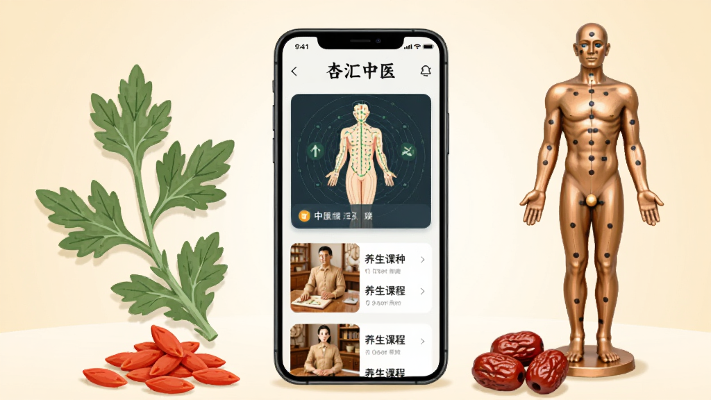 画面中央放置一部智能手机,手机屏幕上展示“杏汇中医”应用首页界面,界面包含中医经络图卡片与养生课程列表,手机周围环绕艾草、穴位铜人模型、枸杞与红枣等中医元素,背景为浅米色渐变,整体采用扁平插画风格,细节清晰,排版左右均衡,画质干净高清,无多余装饰元素