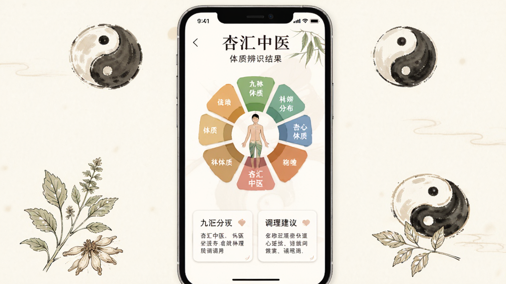 画面展示“杏汇中医”体质辨识结果页面,手机屏幕上呈现九种体质分布图与调理建议卡片,周围点缀太极图案与草本植物线条插画,背景为淡雅米白色,风格简约素雅,排版居中对称,画质干净清晰,无多余元素