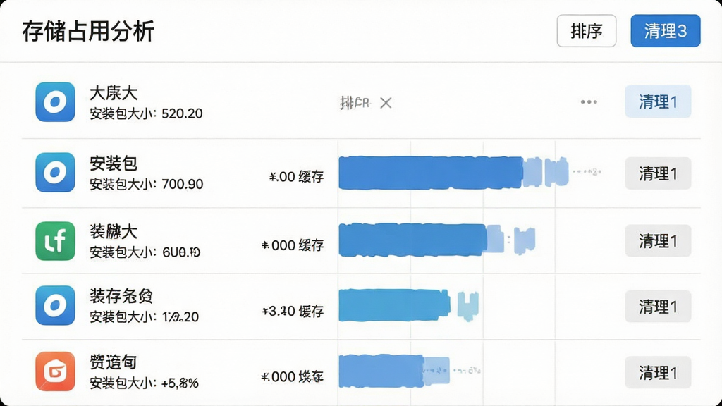 һ�Ŵ洢ռ�÷�������Ӧ��ռ����ϸҳ�棬����ΪӦ���б���ռ������ͼ�����ֶ���Ϊ���洢ռ�÷��������������в�ÿ��Ӧ����ʾͼ�ꡢ���ơ���װ����С�������С���Ű�Ϊ�����б������Ϊ��Լ����磬ϸ�ڰ�������ť��������ڣ����ʸ���ɾ��޶���Ԫ��