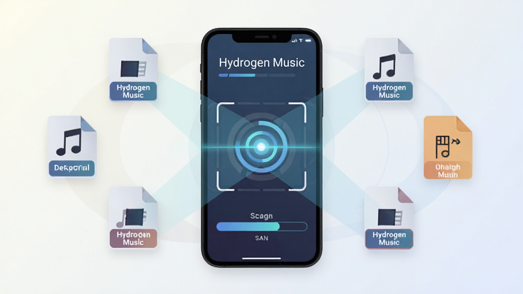 һ��չʾHydrogen Music����ɨ�蹦�ܵ�ʾ��ͼ����������Ϊһ���ֻ�����Χ���Ƶ������ļ�ͼ�꣬�ֻ���Ļ��ʾ