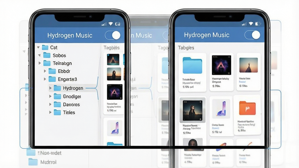 һ��չʾHydrogen Music˫��ͼ�л����ܵ�ʾ��ͼ����������Ϊ�ֻ���Ļ����Ļ�����ҷ���չʾ�ļ�����״�ṹ���ǩ���࿨Ƭ��������