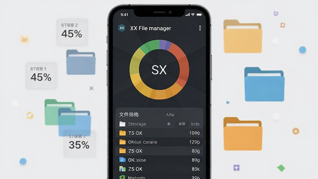ZX File manager�洢�ռ�������棬������һ���ֻ���Ļ��ʾ���δ洢ռ��ͼ���ļ���С�����б�����Χ��Ư�������ְٷֱȺ��ļ���ͼ�꣬ǳ��ɫ��������ƽ����Ʒ��ϸ�����������ʸɾ����޶���Ԫ��