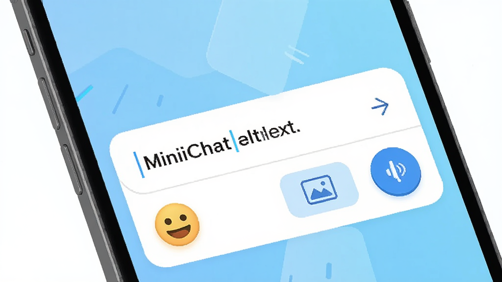 �ֻ���Ļ��д����ʾ MiniiChat Next �������������򣬰�����������򡢱��鰴ť��ͼƬ��ť��������ť�����沼������������Ϊǳ��ɫ���䣬���Ϊ�Ƽ��б�ƽ�廭��ϸ�ھ��£����ʸ��壬������Ԫ��