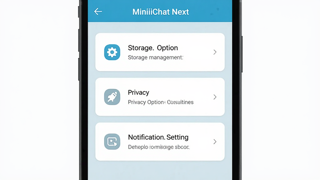 �ֻ���Ļ��ʾ MiniiChat Next ������ҳ�棬�����洢��������˽ѡ����֪ͨ����������Ŀ��������ÿ�Ƭʽ���֣�����Ϊǳɫ�����Ϊ��ƽ��UIչʾ��ϸ�����������ʸɾ����޶���װ��