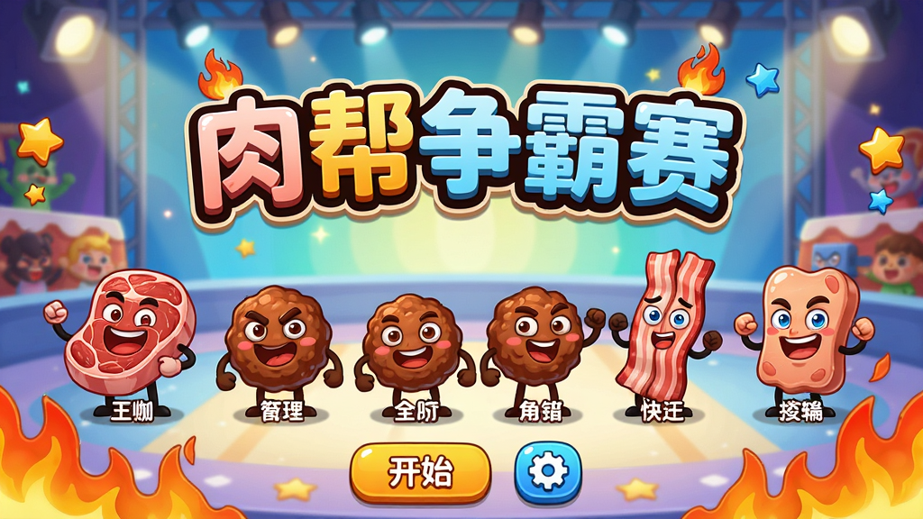 主体:肉帮争霸赛游戏主界面,展示多个肉类角色,如牛排、肉丸、培根等,它们以拟人化形象站立在竞技场上,表情生动活泼,背景为色彩明亮的卡通风格舞台。布局:画面中央是游戏LOGO“肉帮争霸赛”,下方排列主要角色,角色之间保持适当间距,整体呈对称分布,边缘有装饰性火焰和星星元素。排版:LOGO采用大号圆润字体,角色下方标注各自名字,界面底部有开始按钮和设置图标。风格:卡通动漫风格,色彩鲜艳,画面干净,高饱和度,细节丰富,角色表情夸张有趣。画质:高清渲染,光影柔和,无多余元素,整体视觉冲击力强。