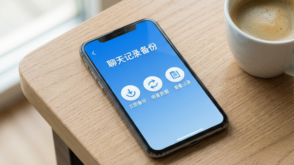 一张智能手机屏幕特写,屏幕中显示聊天记录备份软件主界面,界面以蓝色为主色调,顶部有“聊天记录备份”字样,下方排列着“立即备份”“恢复数据”“查看记录”三个圆形按钮,背景为浅灰色桌面,手机斜放在木纹桌面上,旁边放着一杯咖啡,画面干净明亮,构图居中,画质高清,无多余元素