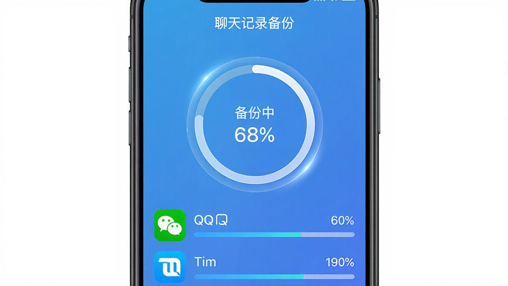 手机屏幕截图展示聊天记录备份软件的备份进度页面,页面中央有一个圆形进度环,显示“备份中 68%”,下方列出微信、QQ、Tim三个图标及各自进度条,背景为渐变蓝色,顶部有“聊天记录备份”文字标识,界面设计简洁,进度环周围有细微的光晕效果,画质干净,无多余元素