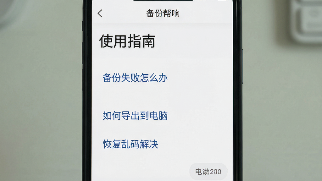 手机屏幕显示聊天记录备份软件的帮助中心页面,页面顶部有“使用指南”标题,下方列出“备份失败怎么办”“如何导出到电脑”“恢复乱码解决”等蓝色链接列表,背景为白色,界面风格简洁,画质干净,无多余元素