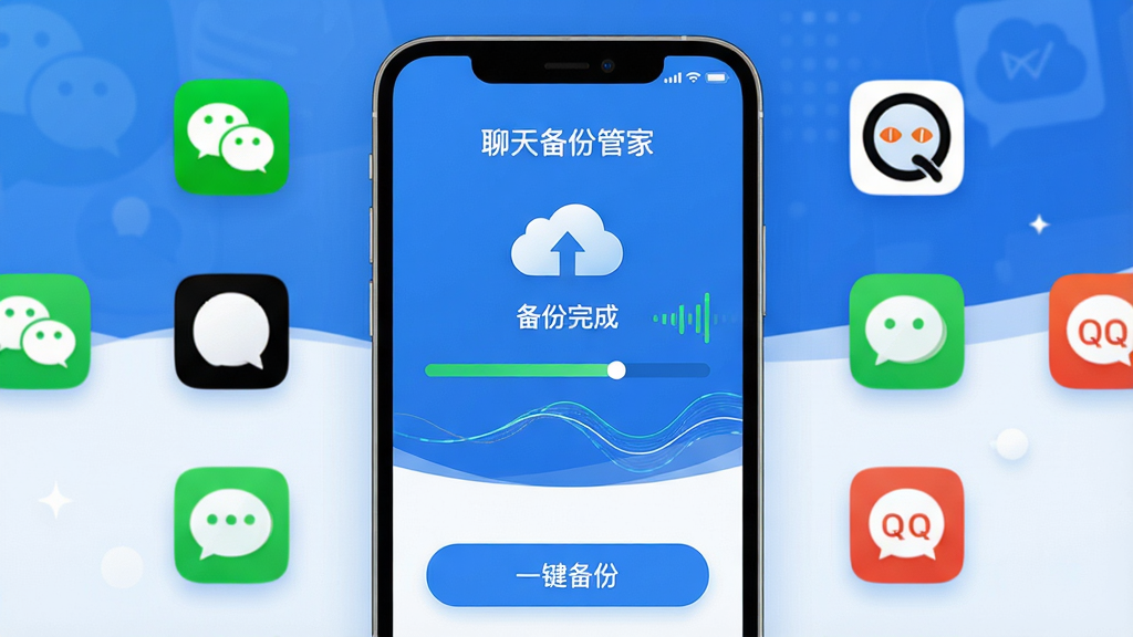 主体:聊天备份管家软件主界面,展示手机屏幕中的备份进度条和云端图标;布局:中央手机屏幕,周围环绕着微信、QQ等社交软件图标,底部有“一键备份”按钮;排版:简洁清晰,重点突出备份进度与完成状态;风格:现代科技感,蓝白主色调,扁平化设计;细节:屏幕内显示“聊天备份管家”字样及“备份完成”提示,数据线条流动;画质:高清渲染,干净,无多余元素