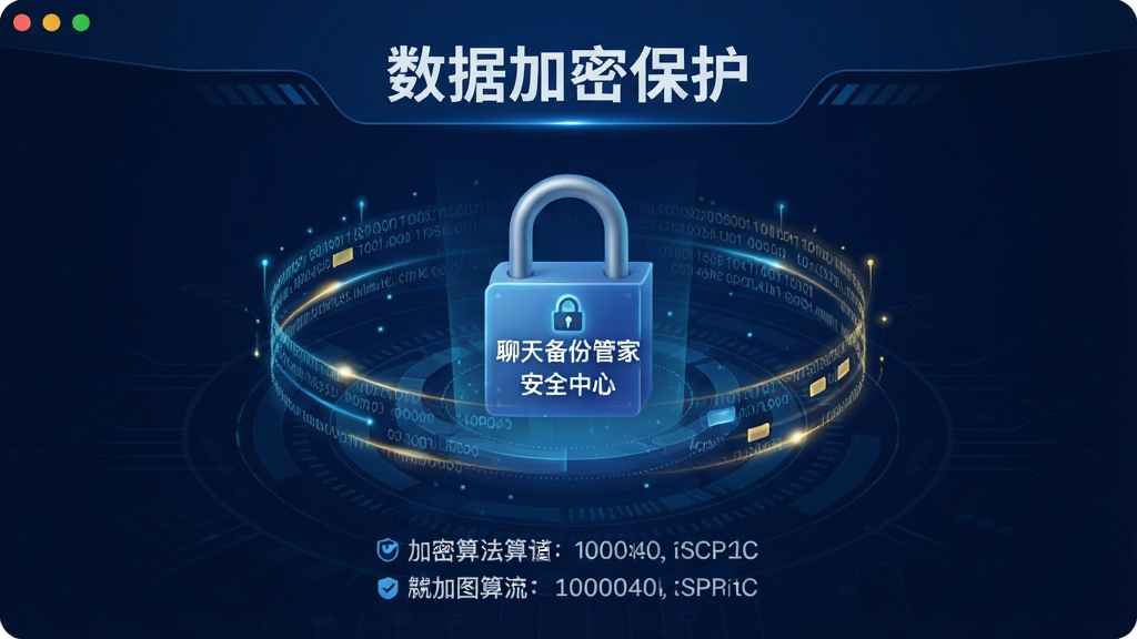 主体:聊天备份管家软件安全中心界面,中央显示加密锁图标,周围有数据流环绕;布局:居中对称,背景为深蓝色科技感;排版:上方有“数据加密保护”标题,下方列出加密算法;风格:安全严谨,科技风;细节:锁上有“聊天备份管家”字样,数据流带有光效;画质:高清,干净,无多余元素