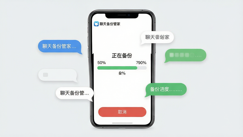 主体:聊天备份管家软件运行界面,手机屏幕显示备份进度条,周围有对话气泡;布局:手机居中,背景为浅灰色;排版:进度条上方有“正在备份”字样,底部有“取消”按钮;风格:简约实用,细节丰富;细节:屏幕左上角显示“聊天备份管家”标识,进度条有百分比数字;画质:高清,干净,无多余元素