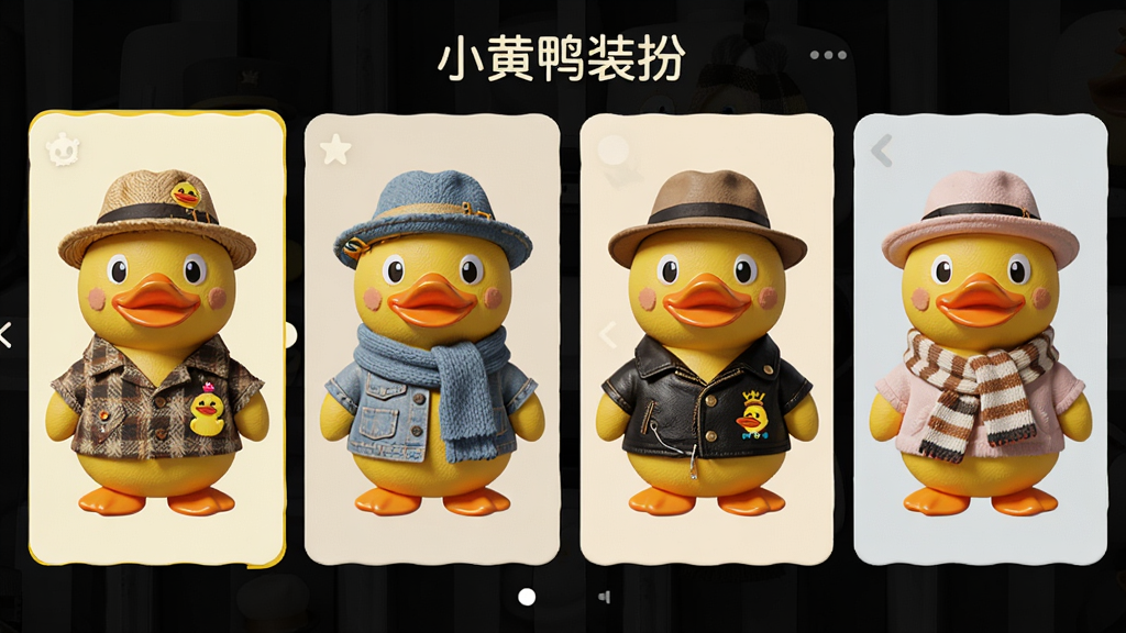 小黄鸭主题装扮界面,主体为小黄鸭穿着不同服饰的展示图,布局采用横向滑动列表,风格时尚活泼,细节展示帽子、围巾等配饰的纹理,画质细腻,干净,无多余元素,图片中文字标注“小黄鸭装扮”