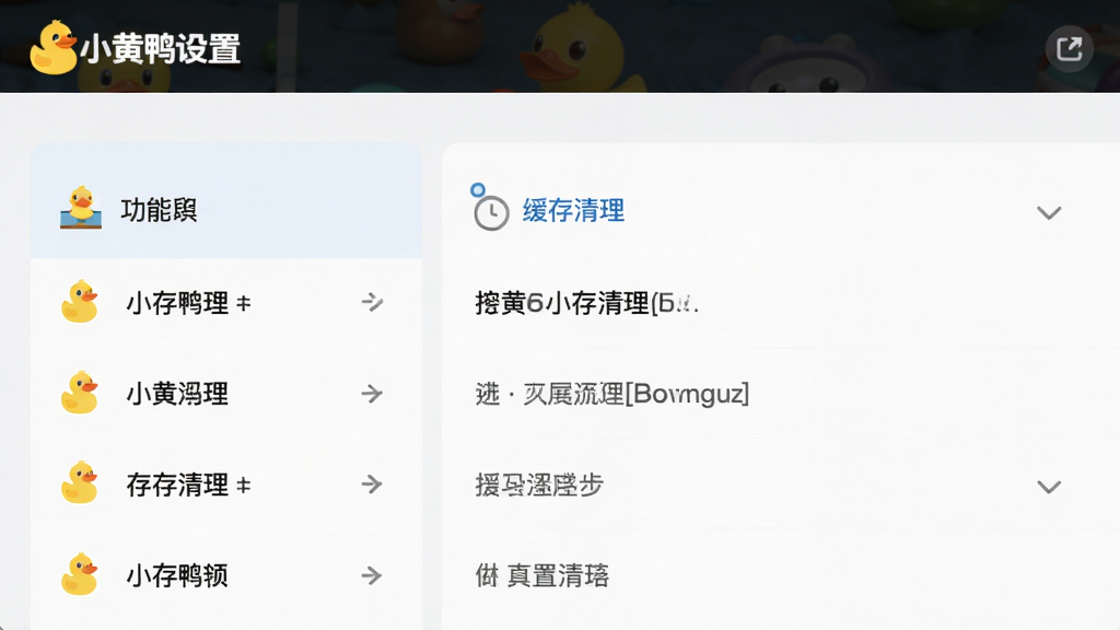 小黄鸭设置页面,主体为功能列表,布局简洁清晰,风格扁平化,细节展示缓存清理选项,画质干净,无多余元素,图片中文字标注“小黄鸭设置”