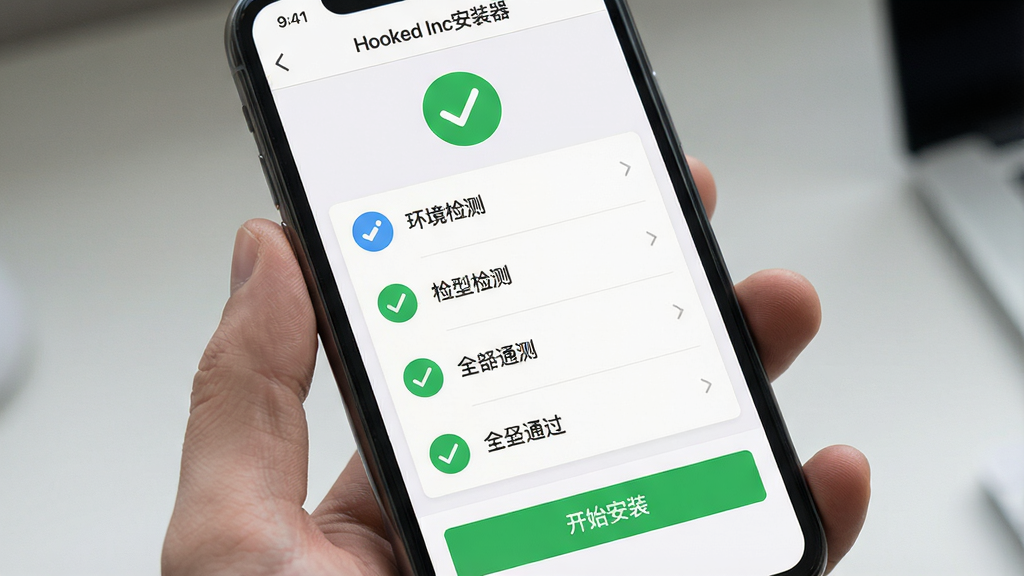 主体:手机屏幕上显示“环境检测”界面,绿色对勾图标;布局:界面以列表形式展示各个检测项,全部通过;排版:左侧图标,右侧文字说明;风格:清爽简洁;细节:顶部有“Hooked Inc安装器”标题,底部有“开始安装”按钮;画质:高清,干净,无多余元素