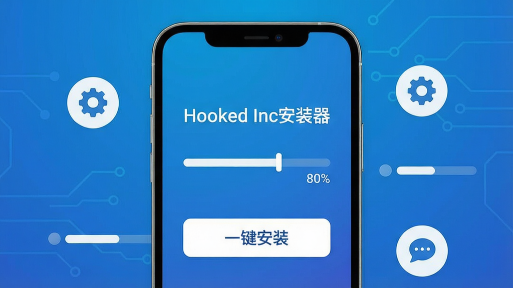 主体:一部智能手机屏幕显示“Hooked Inc安装器”安装界面,背景为科技感蓝色渐变;布局:手机居中,周围有简洁的图标和进度条;排版:界面文字清晰,突出“一键安装”按钮;风格:现代扁平化,干净明亮;细节:屏幕上有“Hooked Inc安装器”字样,进度条显示80%;画质:高清,干净,无多余元素