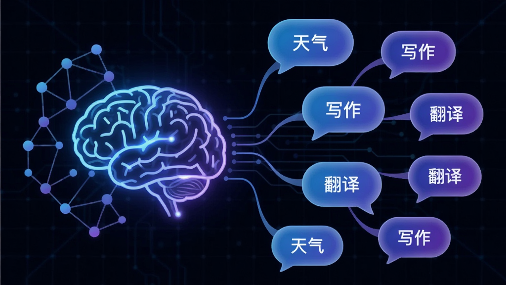 主体:雨晴 LLM 的智能对话引擎示意图,以大脑和网络节点为视觉元素,连接着各种对话气泡。布局:左侧为抽象大脑图标,右侧延伸出多个对话气泡,气泡内写着“天气”、“写作”、“翻译”等关键词。排版:层次分明,主次有序,大脑图标居中偏左,气泡向四周扩散。风格:科技感插画风,使用蓝色和紫色渐变,线条流畅。细节:大脑图标带有发光效果,气泡边缘柔和,背景为深色科技网格。画质:高清,干净,无多余元素。