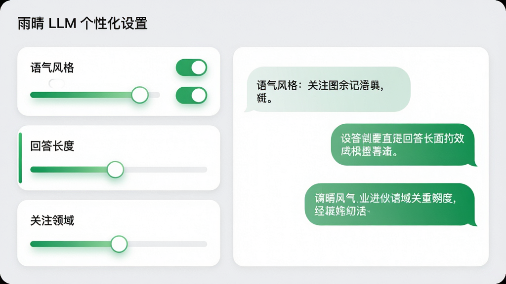 主体:雨晴 LLM 的个性化设置界面,展示一个控制面板。布局:左侧为设置选项列表,包括“语气风格”、“回答长度”、“关注领域”等,右侧为预览窗口,显示调整后的对话效果。排版:左右分栏,条理清晰,设置项以开关和滑块形式呈现。风格:界面设计简洁,采用圆角卡片,背景为浅灰色,强调色为绿色。细节:滑块有渐变效果,预览对话气泡中文字随设置变化。画质:高清,干净,无多余元素。