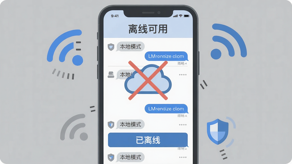 主体:雨晴 LLM 的离线模式示意图,手机屏幕显示“离线可用”字样。布局:手机居中,屏幕内有云朵被斜杠划掉的图标,下方为“已离线”状态栏。排版:简洁明了,手机模型占主体,周围有断开的Wi-Fi符号。风格:扁平化插画风,以灰色和蓝色为主,突出离线状态。细节:屏幕内显示对话列表,但标注“本地模式”,边缘有盾牌图标表示数据安全。画质:高清,干净,无多余元素。